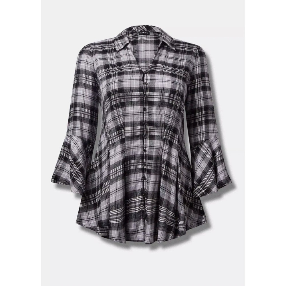 Torrid Plaid Lace Back Bell Sleeve Tunic Blouse Gray Black Plus Size 2 2X‎ Boho